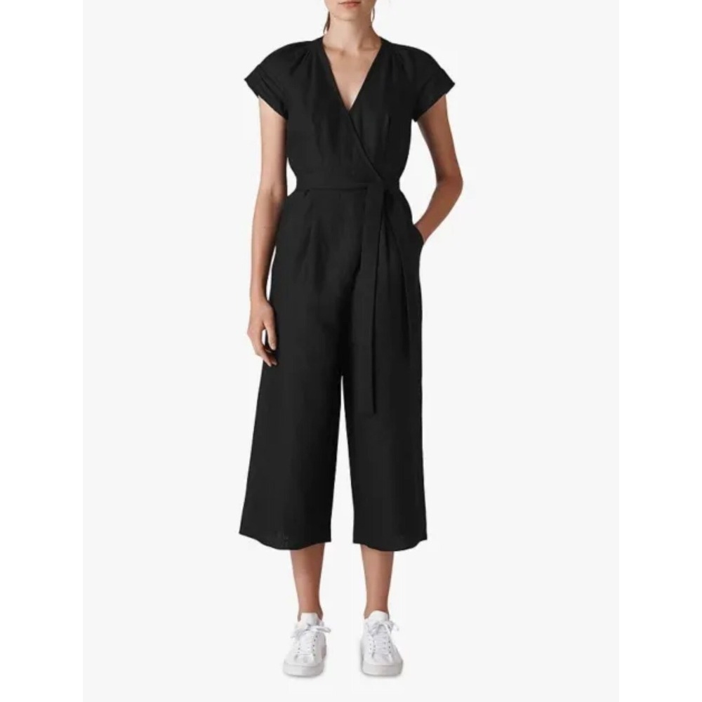 Whistles Etta 100% Linen Crop boho Wide Leg Minimalist Wrap Jumpsuit Black Sz 6
